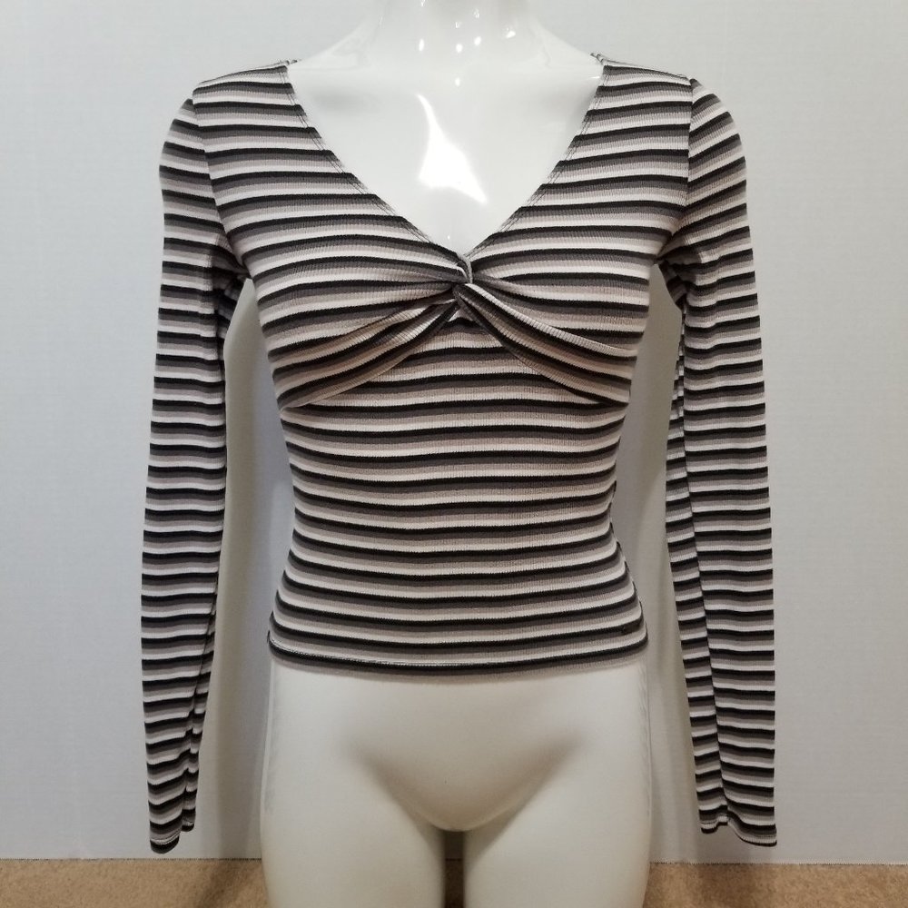 Hollister top Small ribbed knit striped knotted twist front long sleeve v-neck